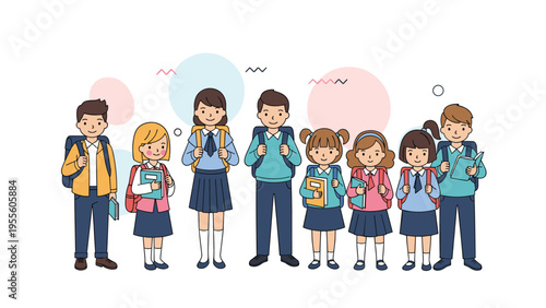 Diverse group of young school children in uniforms with backpacks and books standing together for education concept.