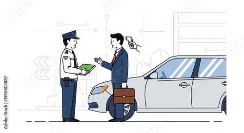 Security guard checks temperature of businessman at car checkpoint, social distancing concept