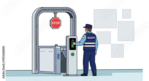 Security guard operating a modern electronic turnstile gate with stop sign