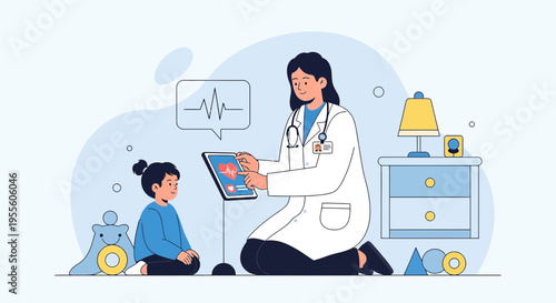 Pediatrician showing medical results on tablet to child patient in clinic