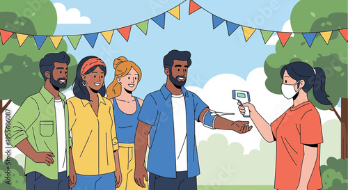 People getting temperature checked at outdoor event with festive decorations