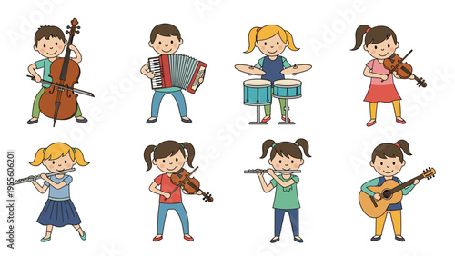 Cheerful kids orchestra playing various musical instruments for school music program and childhood education concept.