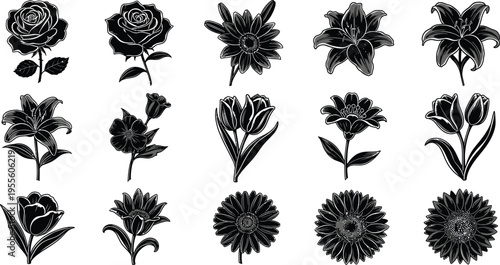 Black and white floral silhouettes flowers 1
