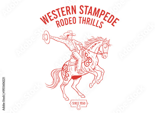Western Stampede rodeo thrills.. Cowboy riding horse vintage design.. Wild west adventure.. Rodeo champion league.. Since 1950 design.