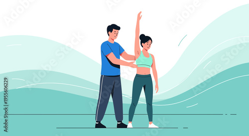 Personal trainer helping woman stretch arm during fitness session, healthy lifestyle