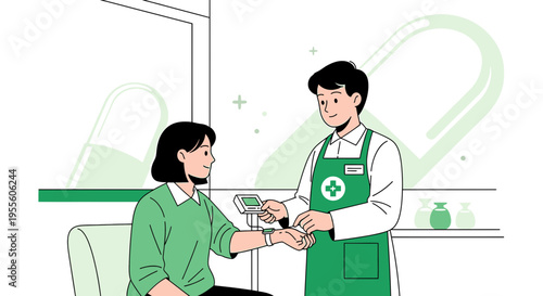 Pharmacist checks patient's blood pressure in modern pharmacy, healthcare concept