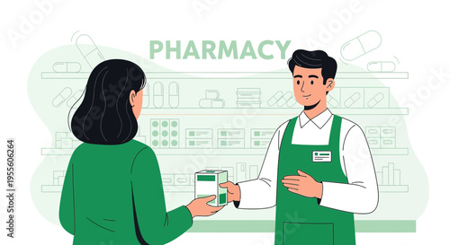 Pharmacist handing medicine box to customer in pharmacy interior, healthcare concept