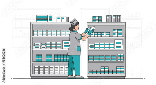 Pharmacist Organizing Medicine Shelves in Pharmacy