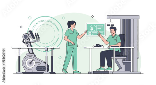 Physical therapist guiding patient through rehabilitation exercise with monitor display