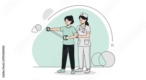 Physical therapy patient exercising with resistance band guided by nurse, rehabilitation concept