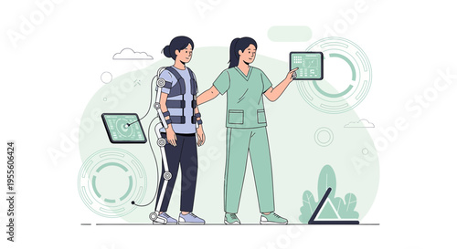 Physical therapy patient uses exoskeleton suit with nurse monitoring progress on tablet