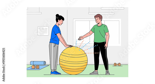 Physical therapist guiding patient with exercise ball in rehabilitation gym