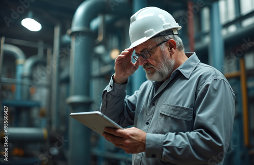 An older engineer in a hard hat looks stressed holding a tablet in a factory. He rubs his forehead, showing worry and fatigue from his work in heavy industry.