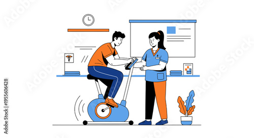 Physical therapy patient on exercise bike with therapist guidance, rehabilitation concept