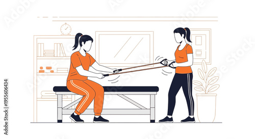 Physical therapy: two women doing resistance band exercises in a clinic