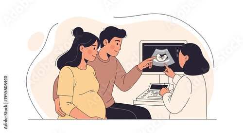 Pregnant couple with doctor looking at ultrasound image, expecting parents, healthcare