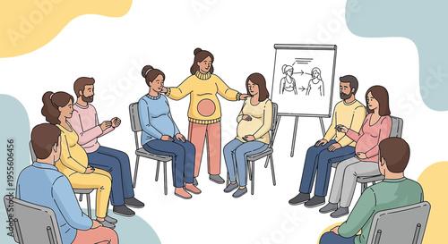 Pregnant couples attend childbirth education class with instructor and visual aid