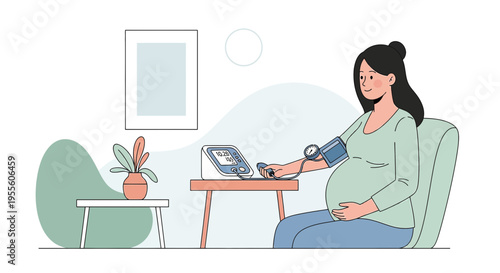 Pregnant woman checks blood pressure at home with digital monitor, healthcare concept