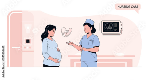 Pregnant woman consulting with nurse about ultrasound and fetal development