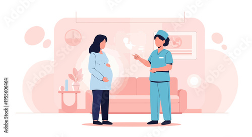 Pregnant woman consulting with a doctor or midwife in a clinic or hospital room.