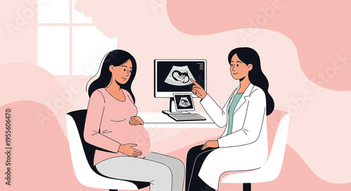 Pregnant Woman Consults Doctor About Ultrasound Scan Showing Baby