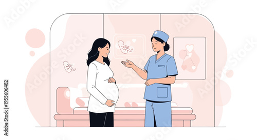 Pregnant Woman Consults Doctor in Clinic, Discussing Healthcare and Pregnancy