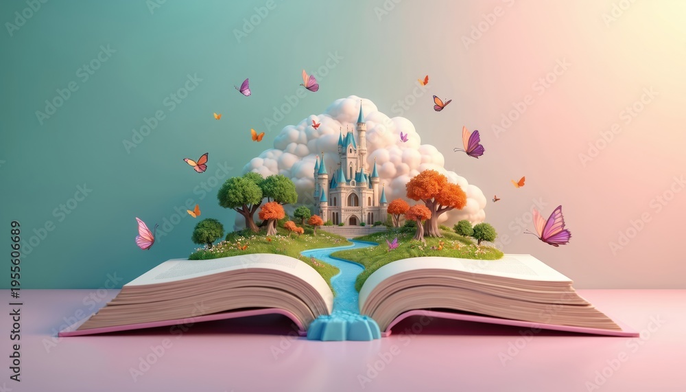 Naklejka premium Open book reveals fairytale castle on island with river and trees. Butterflies fly around, depicting imagination and story. Magic world comes alive from pages.