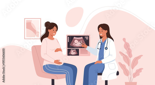 Pregnant woman with doctor discussing ultrasound scan in clinic, healthcare concept
