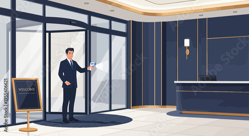 Receptionist checking temperature at hotel entrance with infrared thermometer, COVID-19 safety