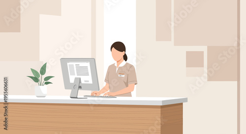 Receptionist working at a desk with a computer and plant in a modern office