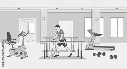 Rehabilitation gym with man exercising on parallel bars, treadmill, and exercise bike