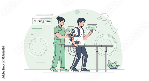 Rehabilitation with exoskeleton and nurse assistance, futuristic medical technology