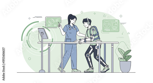 Rehabilitation Technology: Patient with Exoskeleton and Nurse in Modern Clinic