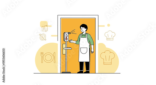 Restaurant worker using contactless thermometer at entrance, safety measures