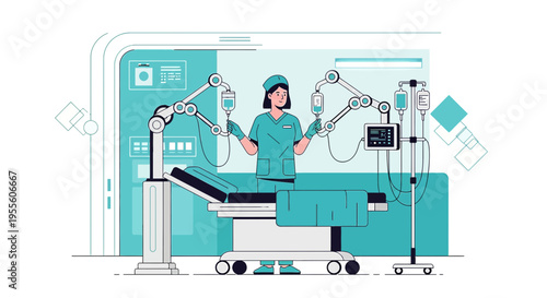 Robotic Surgery: Surgeon Operating with Advanced Medical Robot Arms in Modern Operating Room