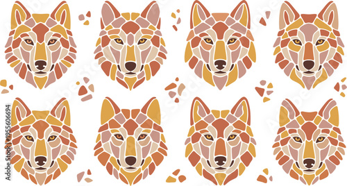 Obraz na plátně Geometric Mosaic Wolf Heads in Warm Tones, Featuring Bold and Angular Patterns f