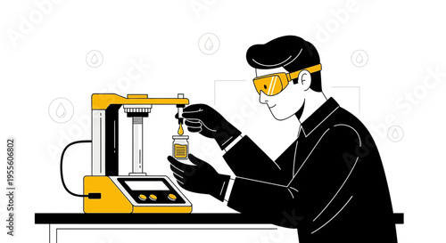 Scientist in Lab Coat and Goggles Conducts Experiment with Pipette and Beaker