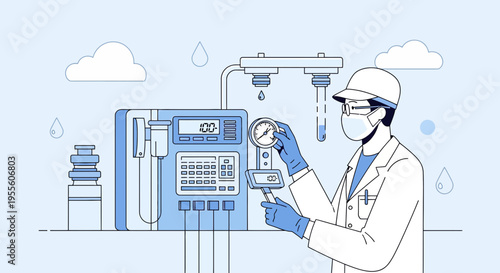 Scientist in Lab Coat Adjusting Medical Equipment with Digital Display and Gauge