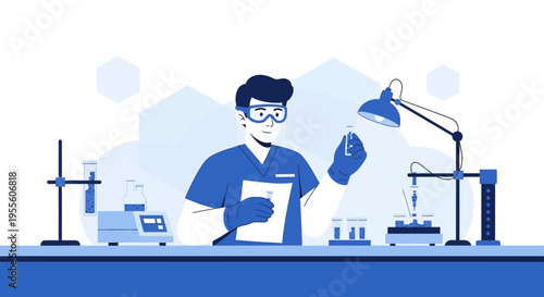 Scientist in Lab Coat Conducting Chemical Experiment with Flasks and Equipment