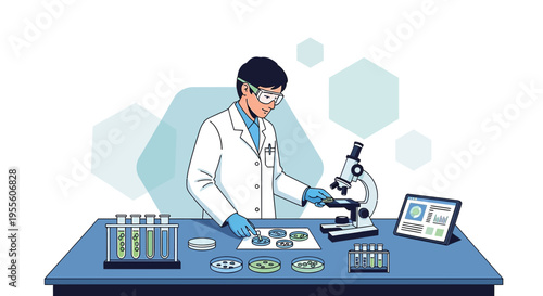 Scientist in lab coat examines petri dishes under microscope, research, development, science