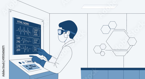 Scientist in Lab Using Futuristic Touchscreen Displaying Vital Signs and Molecular Structures