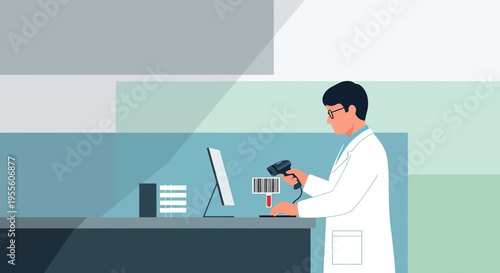 Scientist scanning barcode in laboratory with computer and equipment