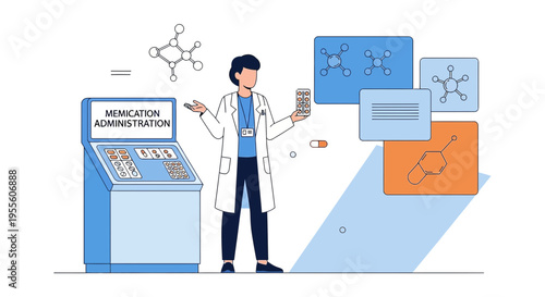 Scientist with Medication and Molecular Structures, Medication Administration Display