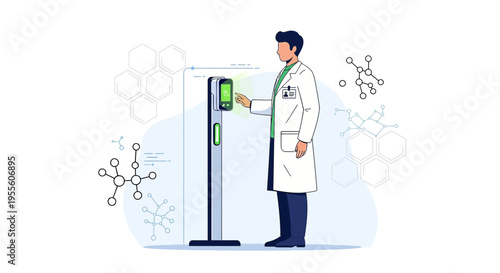 Scientist using futuristic kiosk for data input in laboratory with molecular structures