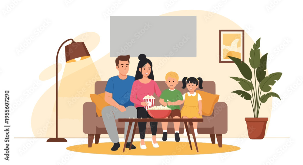 Fototapeta premium Family watching TV and eating popcorn on sofa at home, leisure time