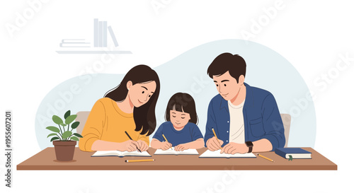 Family doing homework together at a table, studying, learning, education, home, parent support