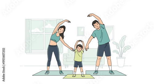 Family doing stretching exercises together at home for healthy lifestyle