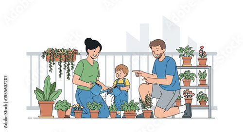 Family gardening on balcony: parents teaching child to water plants, healthy lifestyle