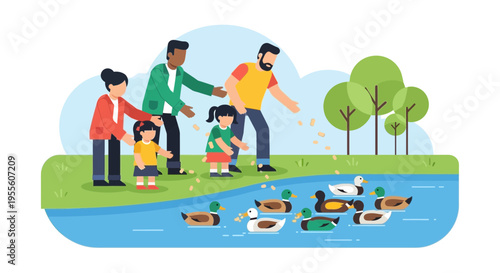 Family Feeding Ducks in a Park Pond