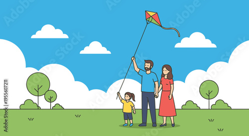 Family flying a kite in a park on a sunny day with clouds